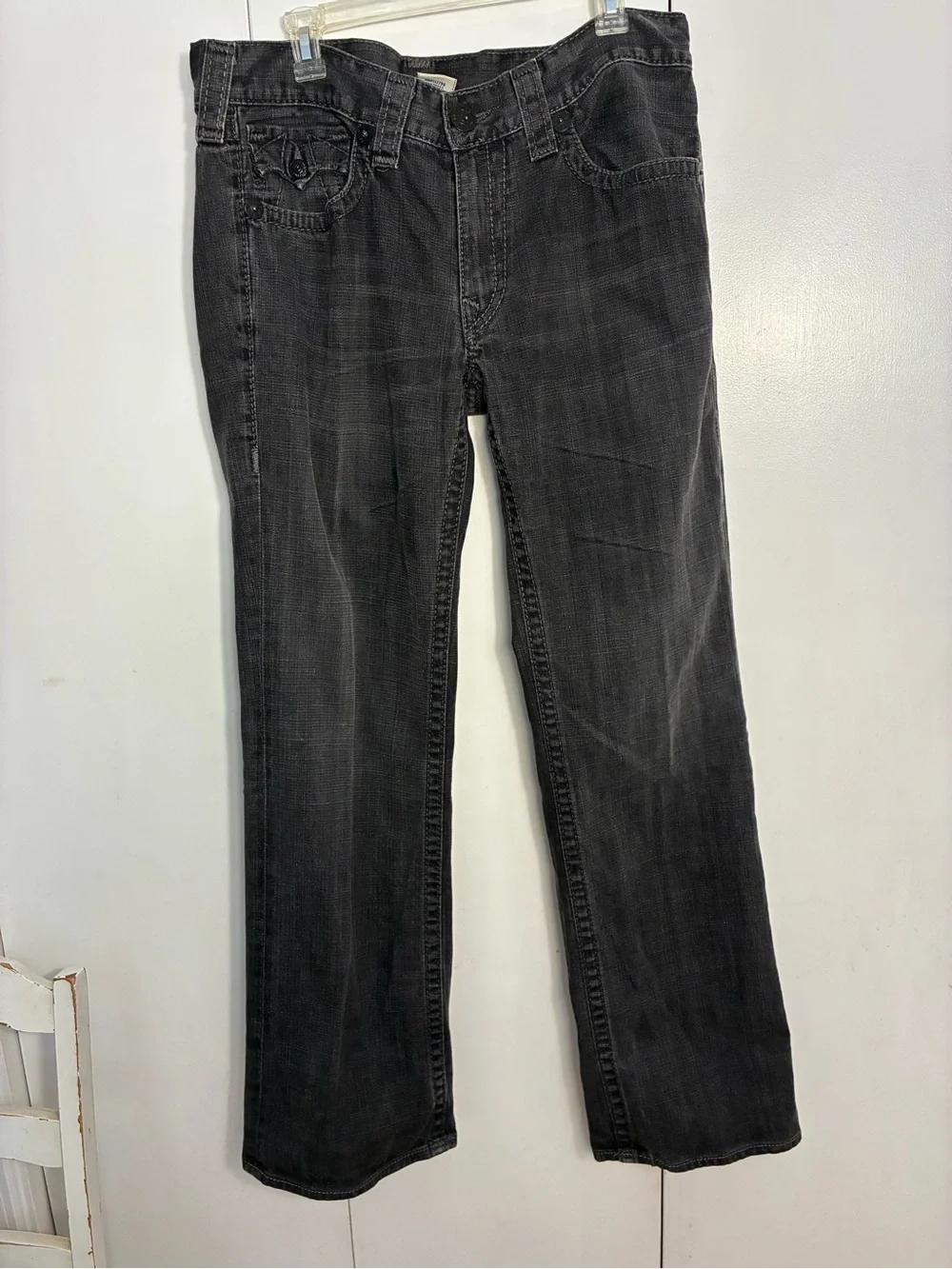 True Religion Jeans Men 36x32 Ricky Big T Flap Pockets Faded Black Grunge